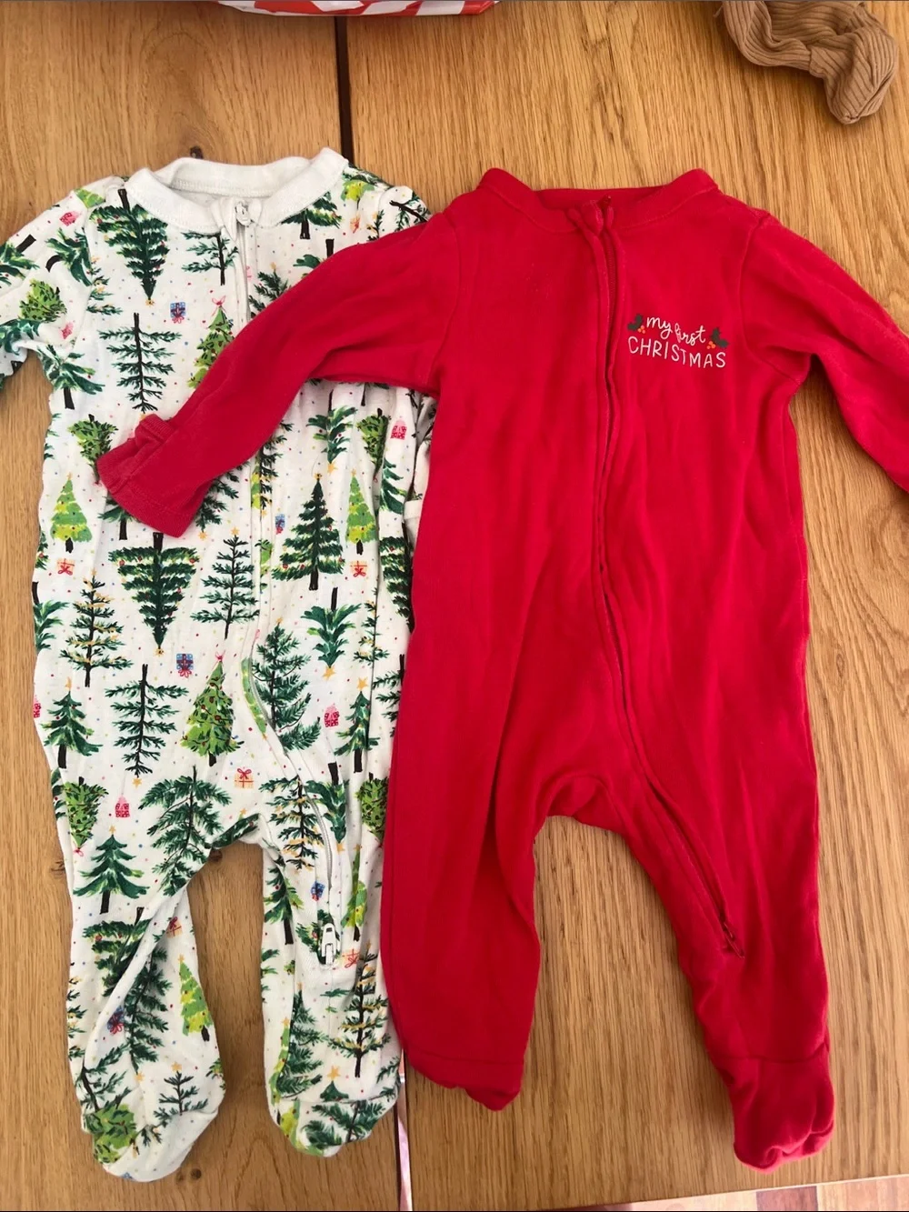 Old Navy White and Green Holiday and My First Christmas Baby Footed Pajamas